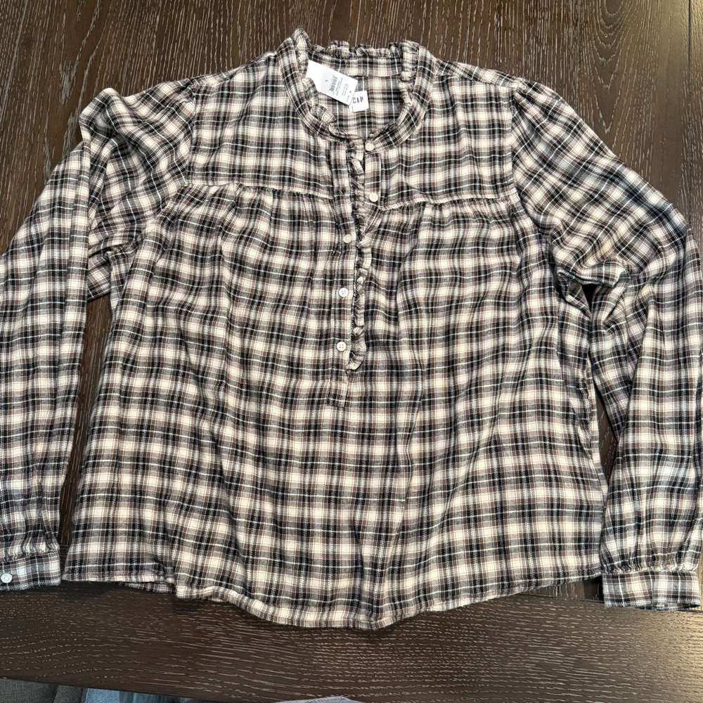 NWT Gap Plaid Neutral‎ Tone Half Button Peasant Blouse Soft Flowy Size Large